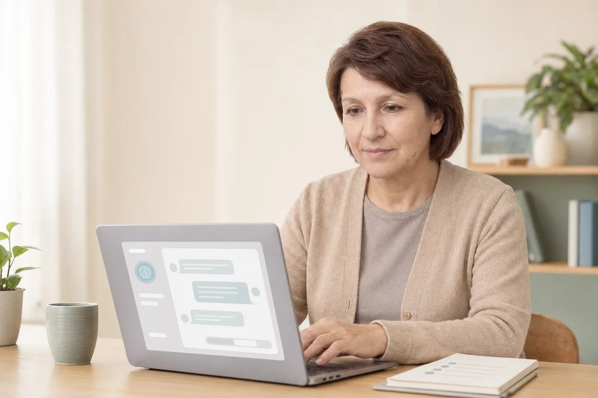 Женщина 50+ спокойно работает с ChatGPT за ноутбуком
