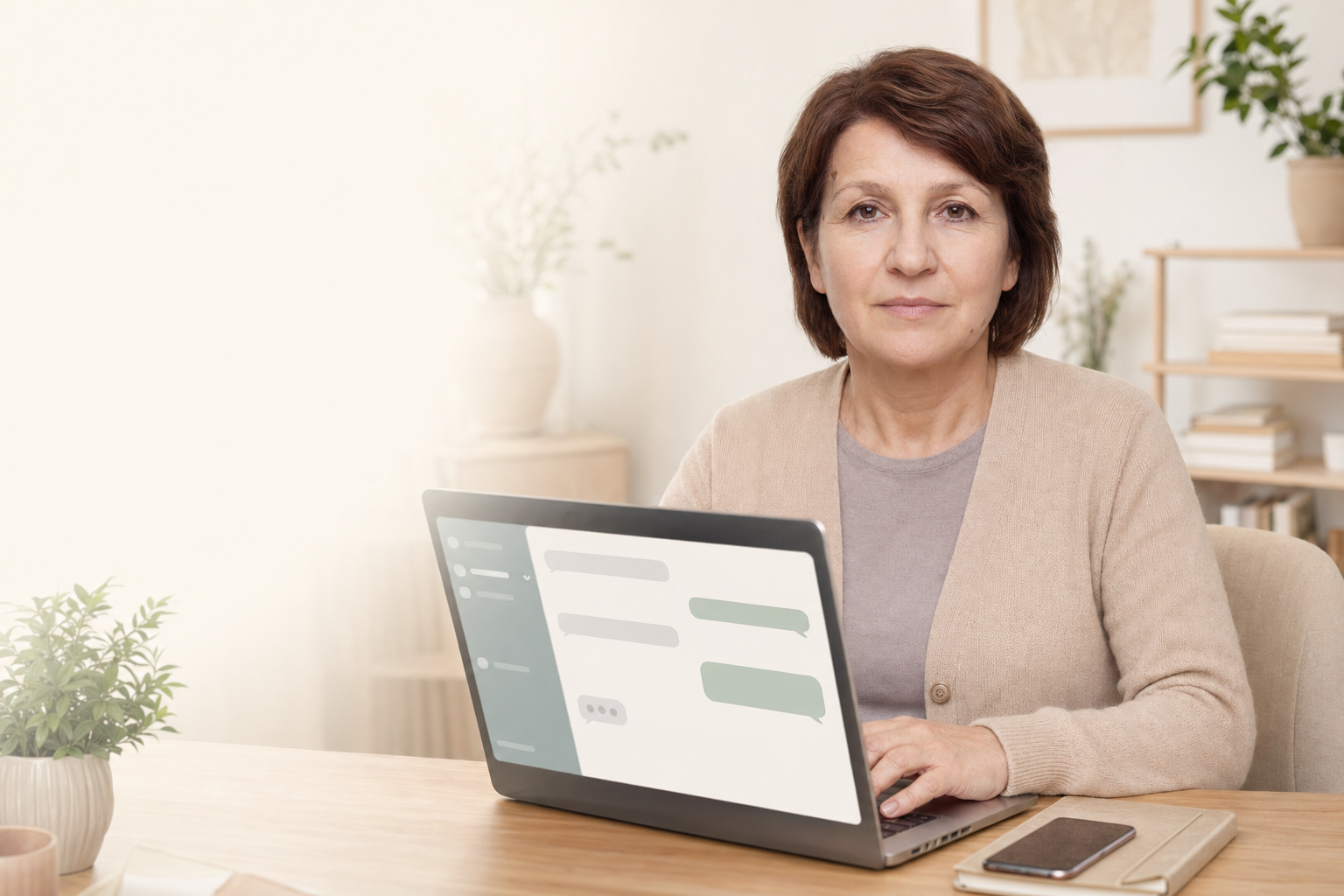 Женщина 50+ спокойно учится использовать ChatGPT для работы